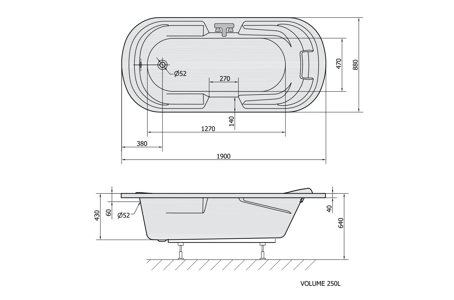 LINDA oválná vana 190x88x43cm, bílá vč. podhlavníku